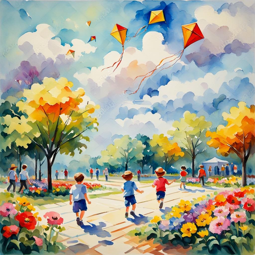 Children playing kite at flower park, oil painting
Watercolo...