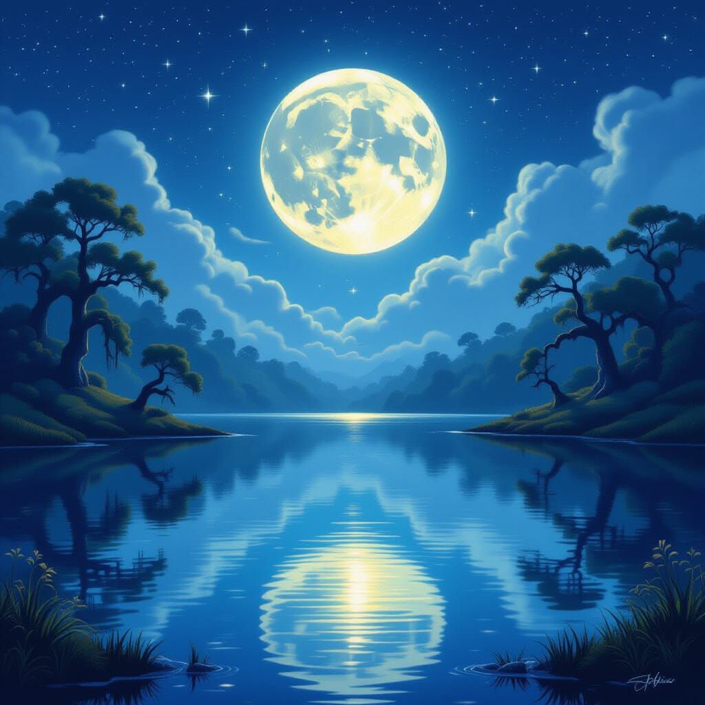 A digital painting of a majestic moon rising over a serene, reflective lake. The surface of the lake mirrors the starry sky above, creating ...