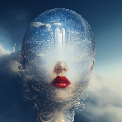 Anime Pin-Up in Cloud Dome, Art Nouveau Style