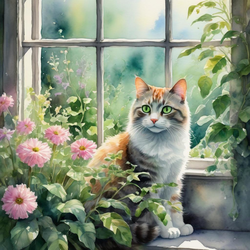Whimsical Watercolor Cat on Windowsill with Flowers