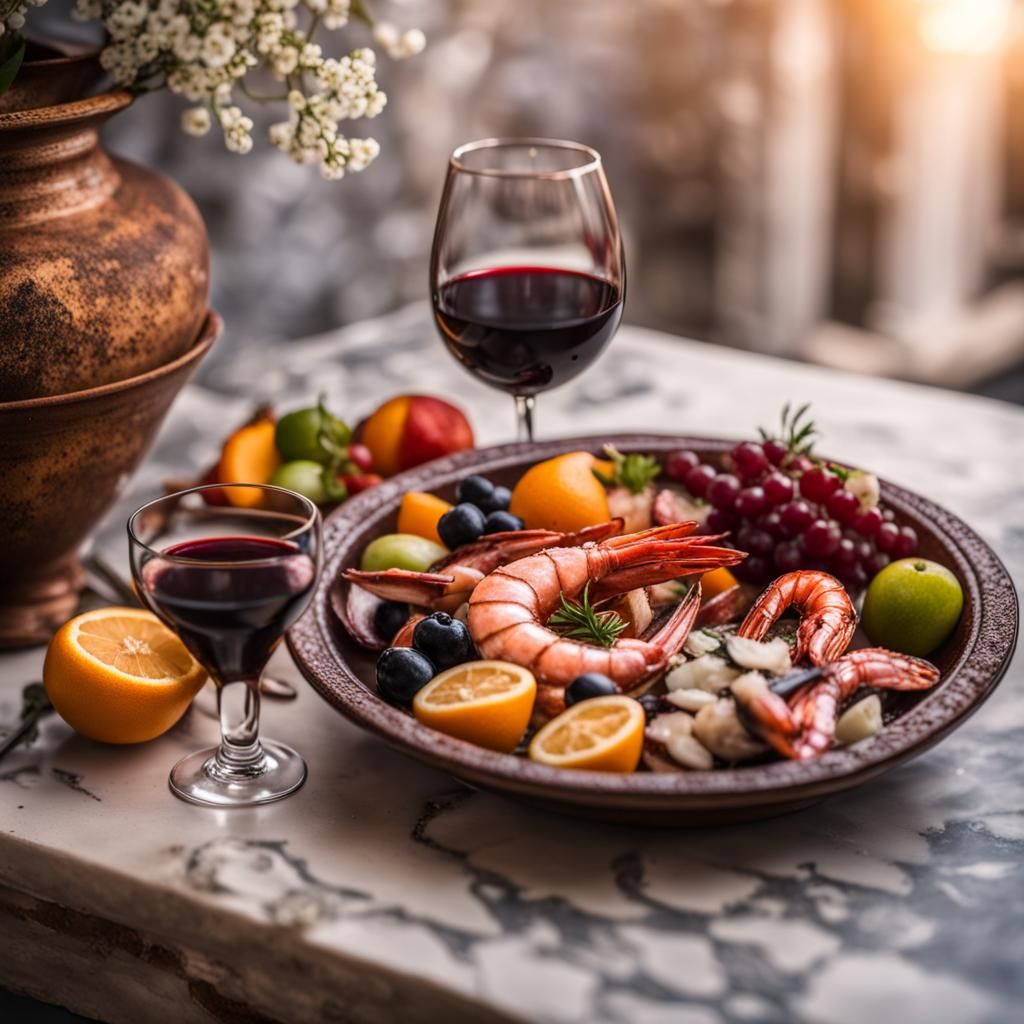 Ancient Greek Meal with Seafood and Wine