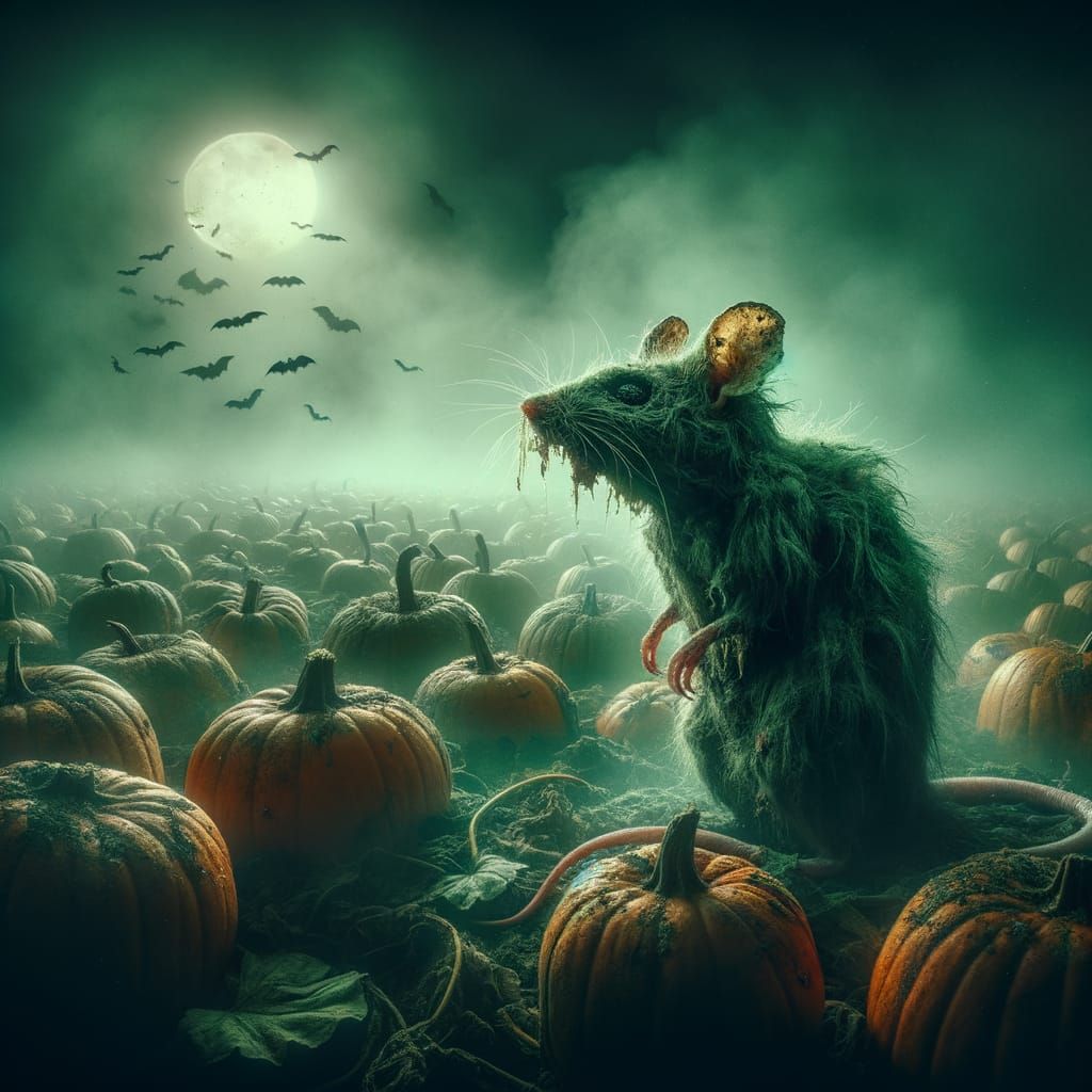 🧟‍♂️🐁 A zombie mouse in a pumpkin field.