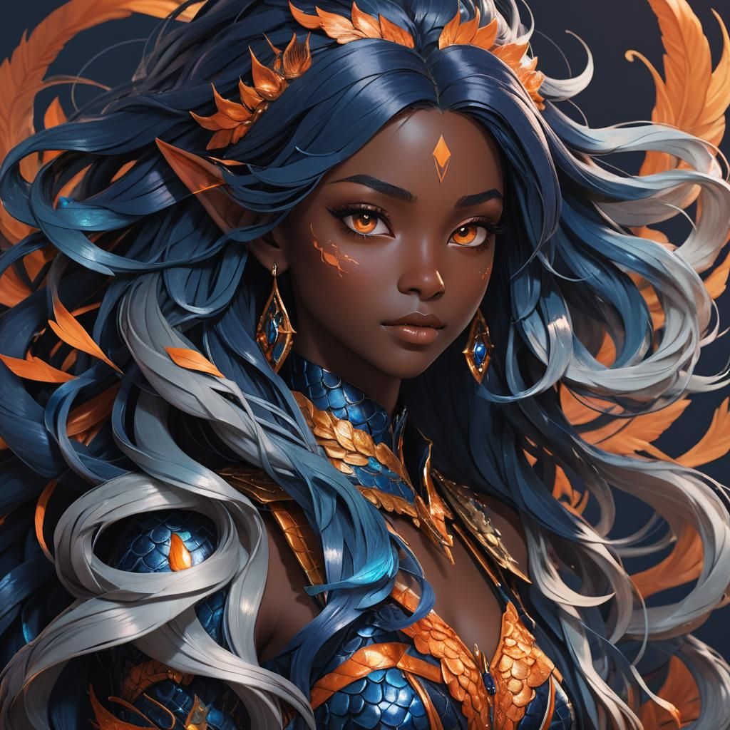 androgynous siren with dark skin, long dark blue hair, and orange eyes. tail is orange
By artist "anime", 3d anime art, inspired by WLOP, Ar...
