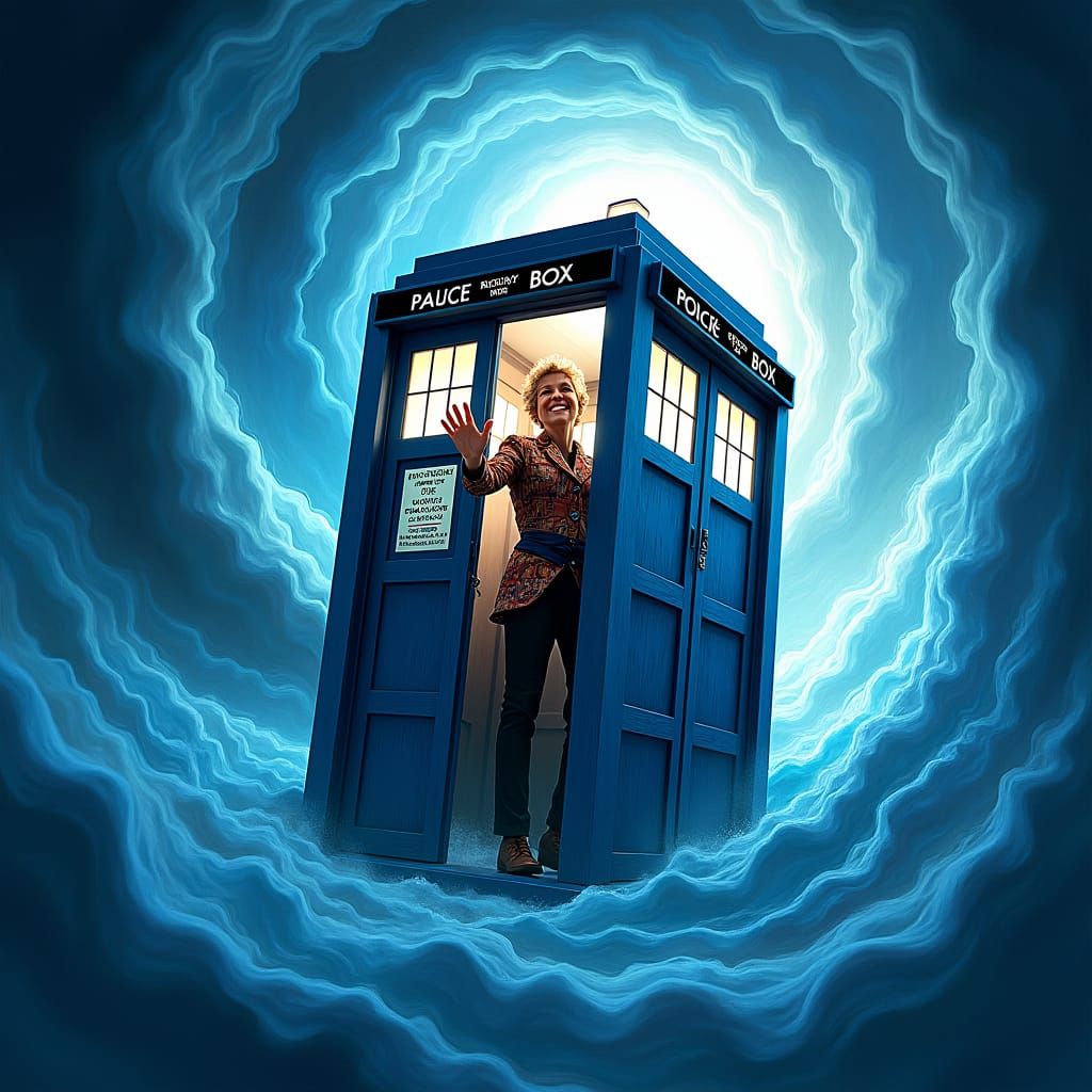 Tardis in the time vortex with the 14th doctor waving out of the door