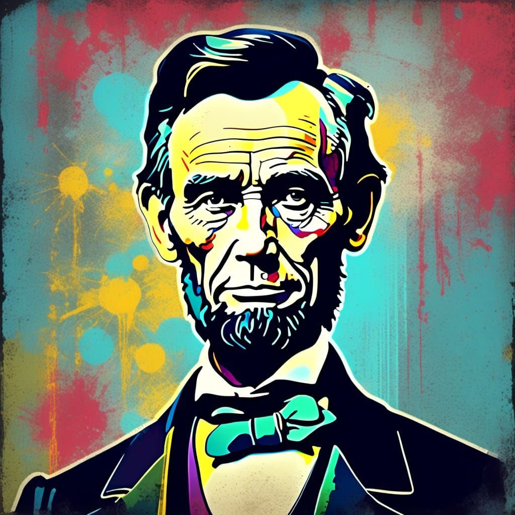 <lora:Pop Art Grunge:1.0> Pop art style with a grunge art filter, Abraham Lincoln, 2D, visually striking and intriguing, contrast, correct a...