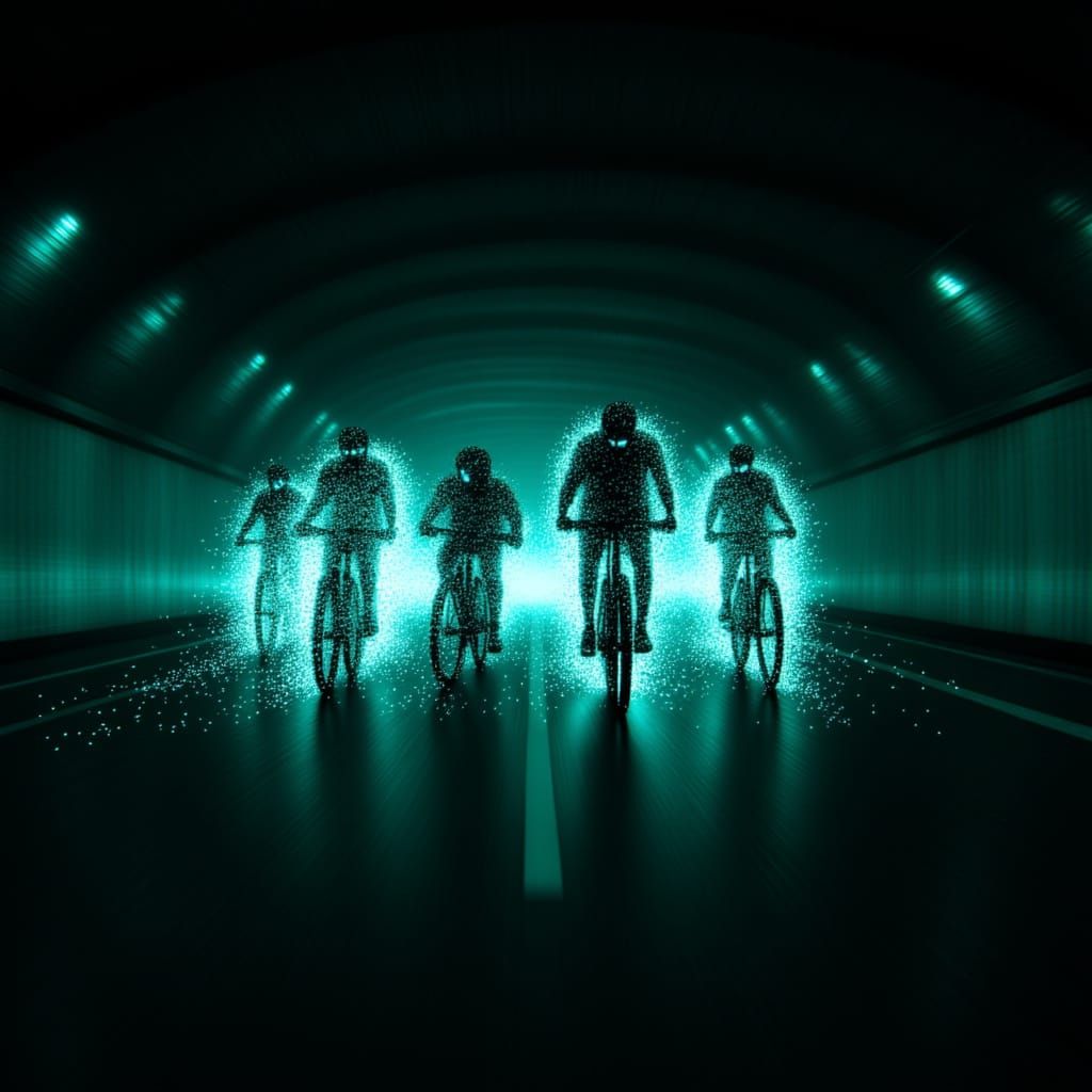 <lora:GlitchFlux MJ6-1:1.3> A group of people on bicycles is riding through a tunnel, with light particles dancing around them. The effect ...