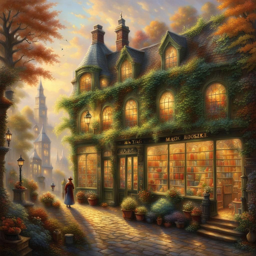old magic bookstore, many green plants, big windows, warm au...