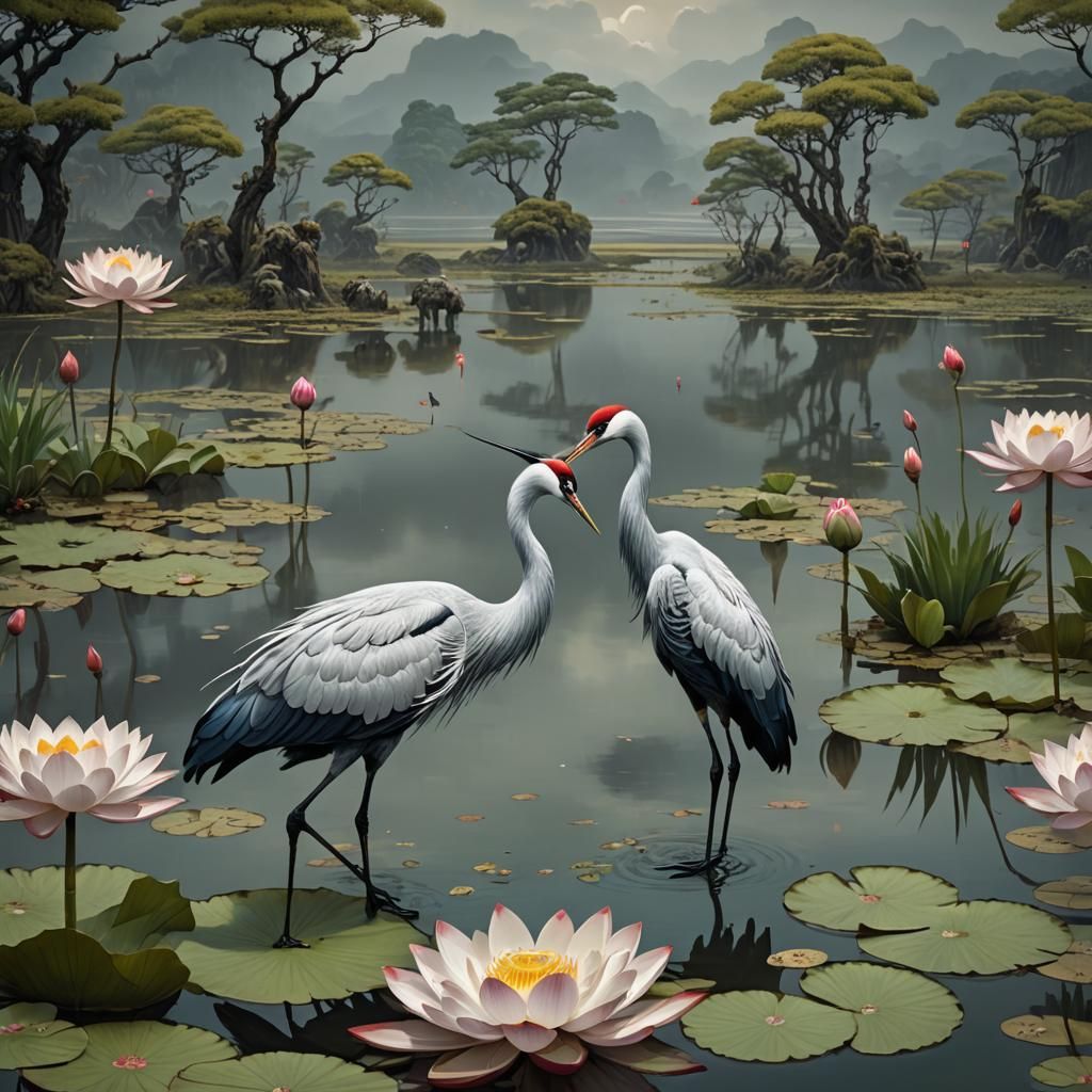 ""Fine Japanese Art, showing TWO Cranes standing in shallow water and they are watching a little Frog ...  by @Mike