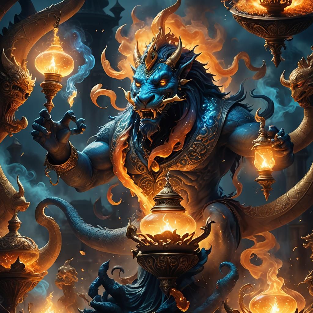 Monsters and demons coming out of genie lamp