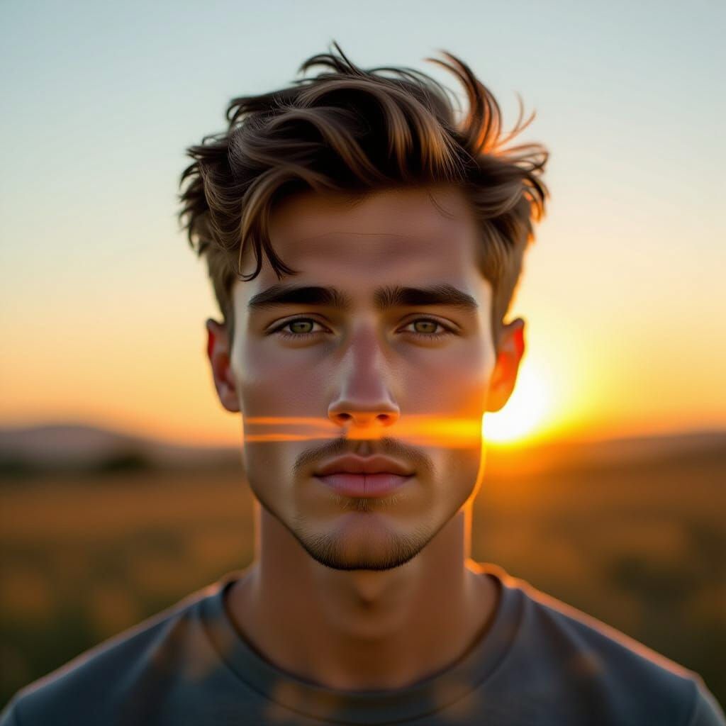 Man's Face Merges with Landscape at Golden Hour