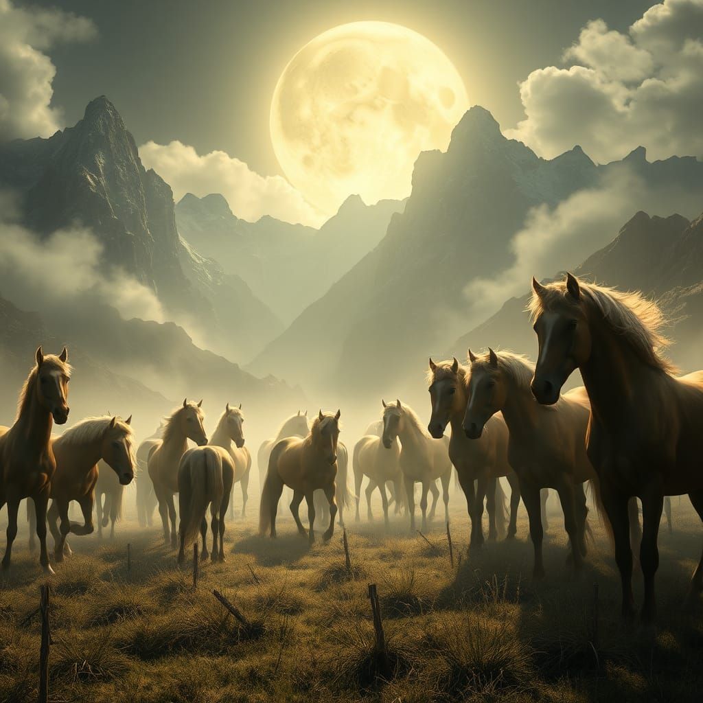 beautiful herd of horses grazing in the moon light, backgrou...