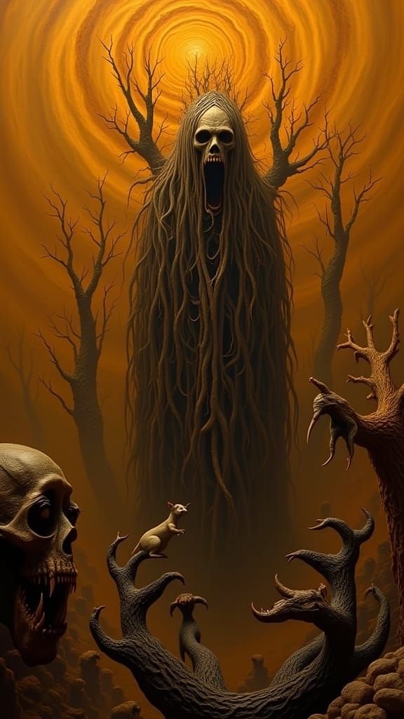 <lora:Chiaroscuro:1.0> Ivory Renaissance: caravaggesque chiaroscuro, Zdzisław Beksiński Style, Dystopian Surreal, The Wicker Man on the Hill...