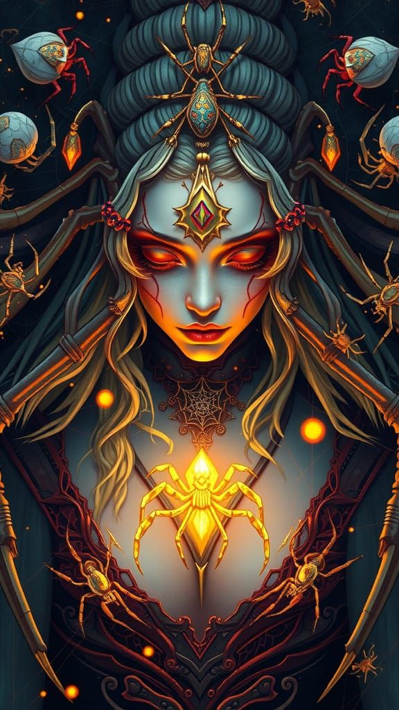 Fiona Staples inspired digital portrait. Medium shot. A majestic goddess of arachnids with intricate spiders and webs surrounding her. High-...