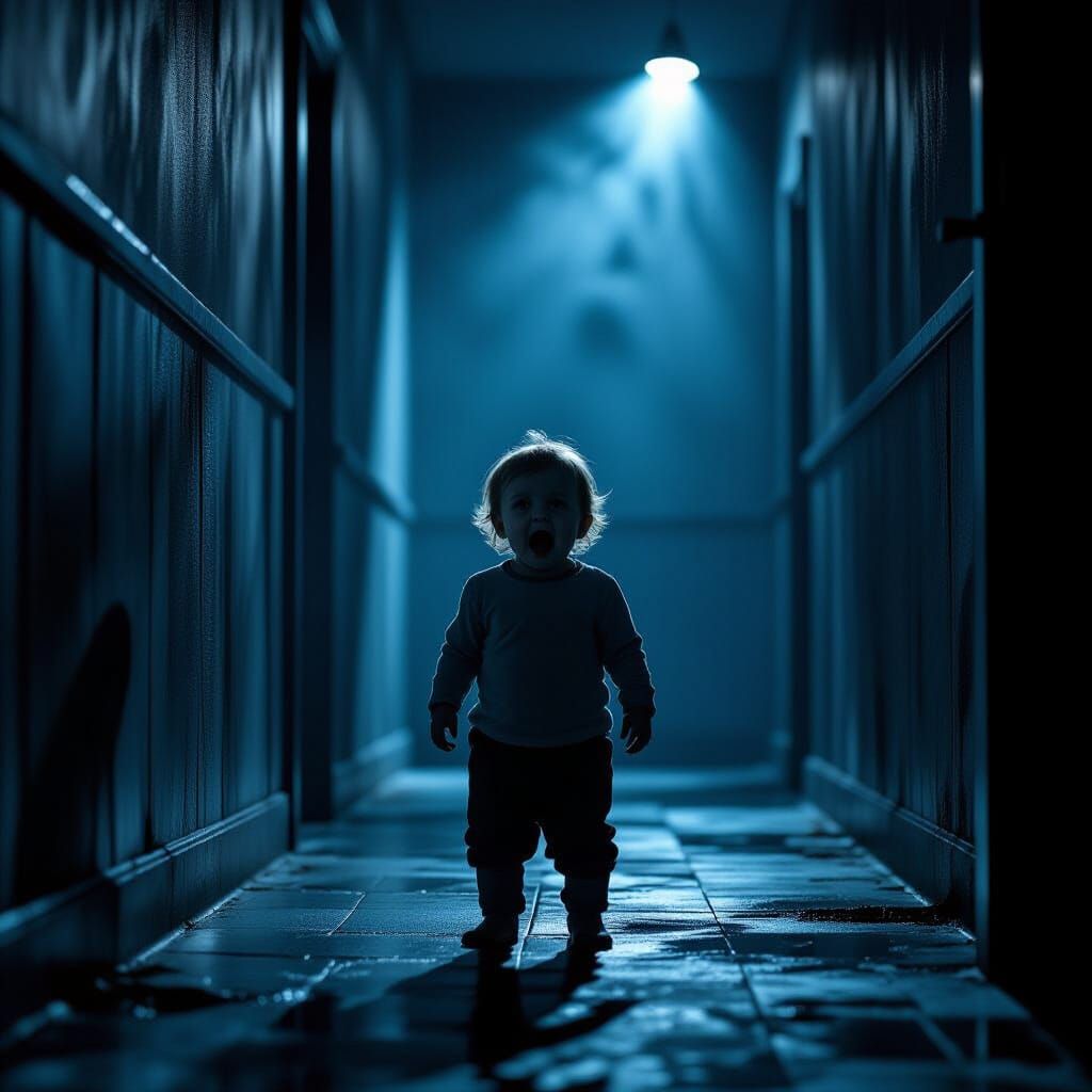 Terrified Toddler in Dark Corridor