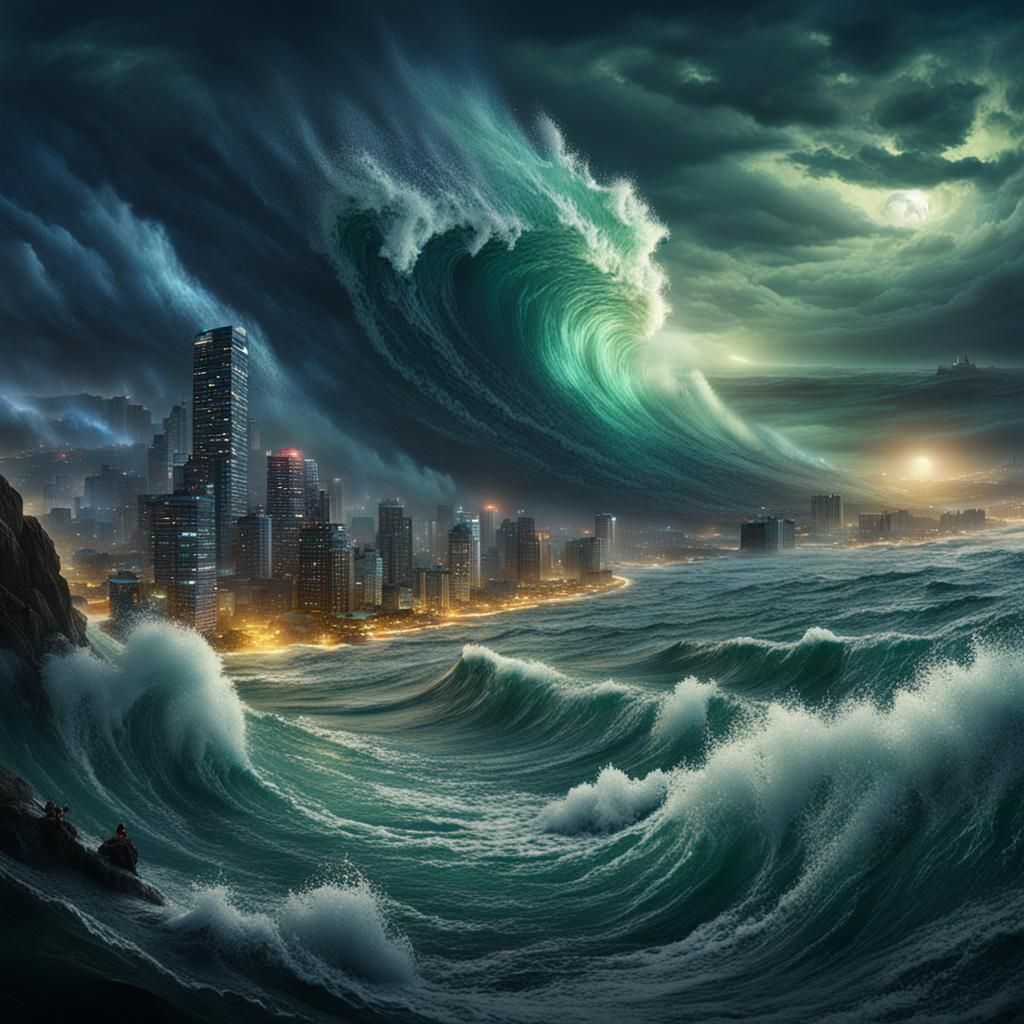 Typhoon Waves Crashing in Bay at Night