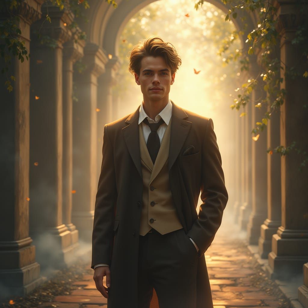 Confident Young Man in Whimsical, Mystical Atmosphere