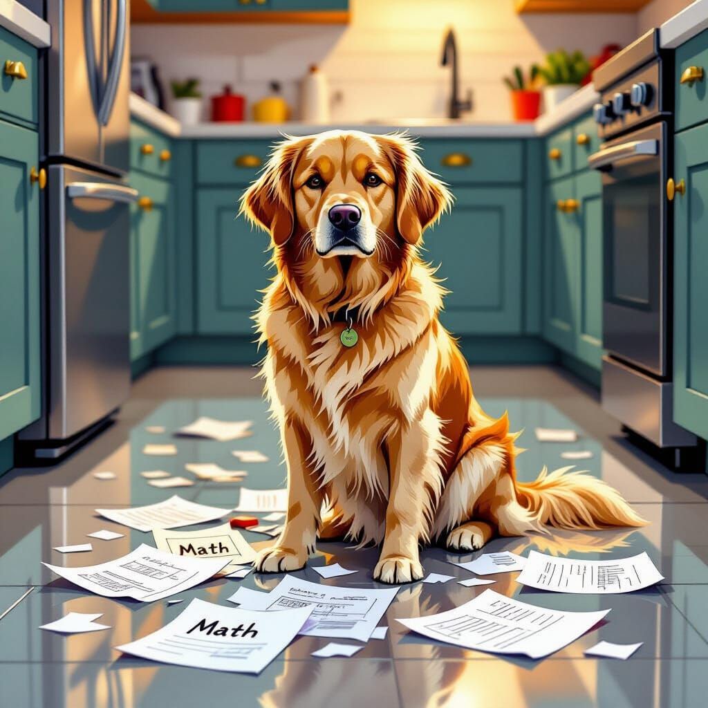 Guilty golden retriever after eating teenager's math homework  by @Fokje