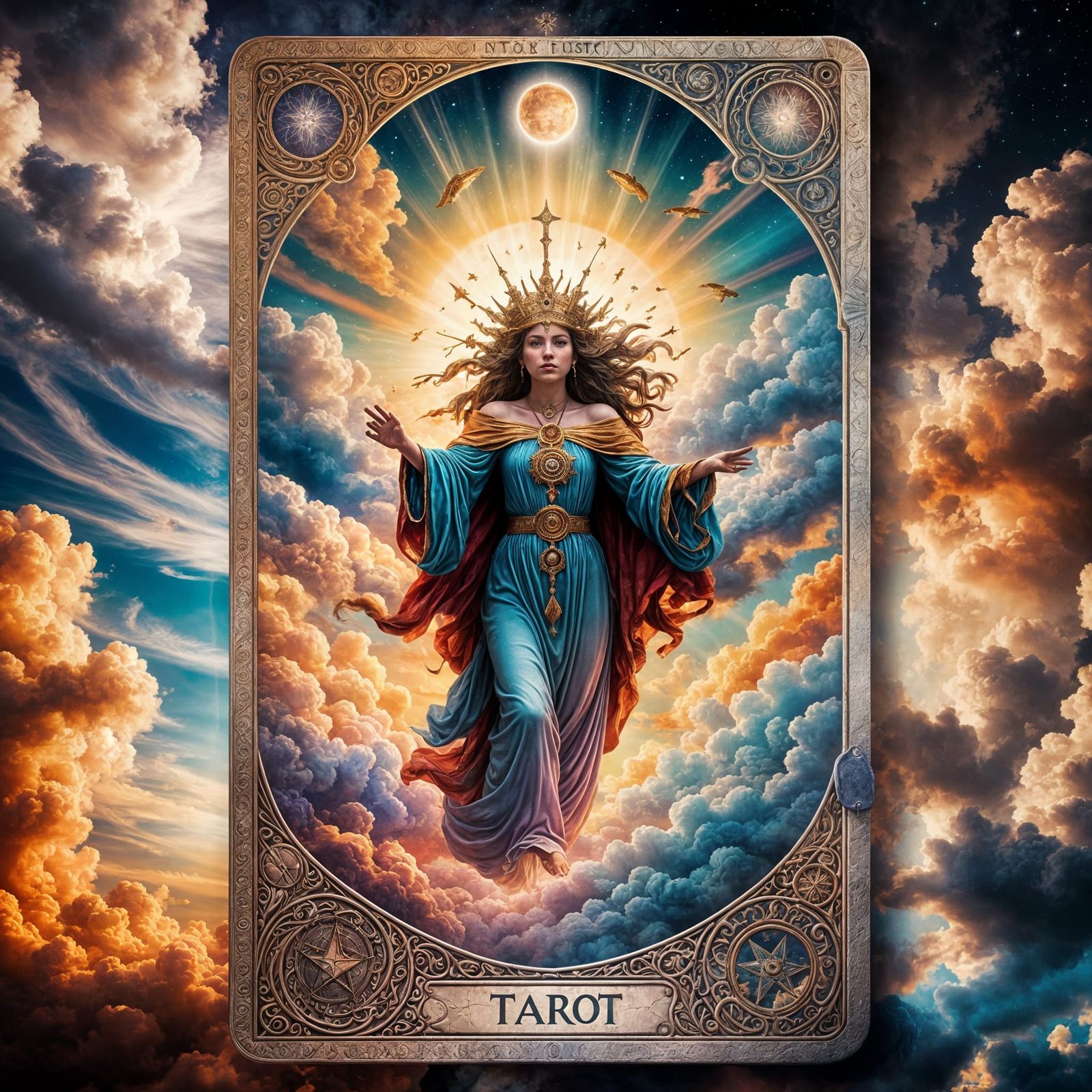 A tarot card featuring a celestial being coming out of colorful clouds.  by @jnatas