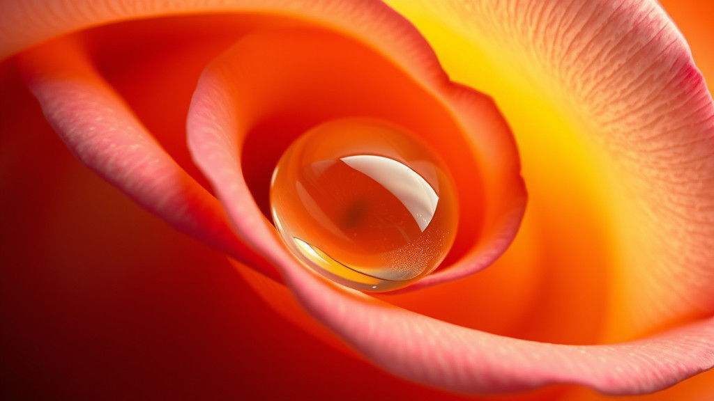 "A macro shot of a water droplet on a rose petal, reflecting a soft golden light."