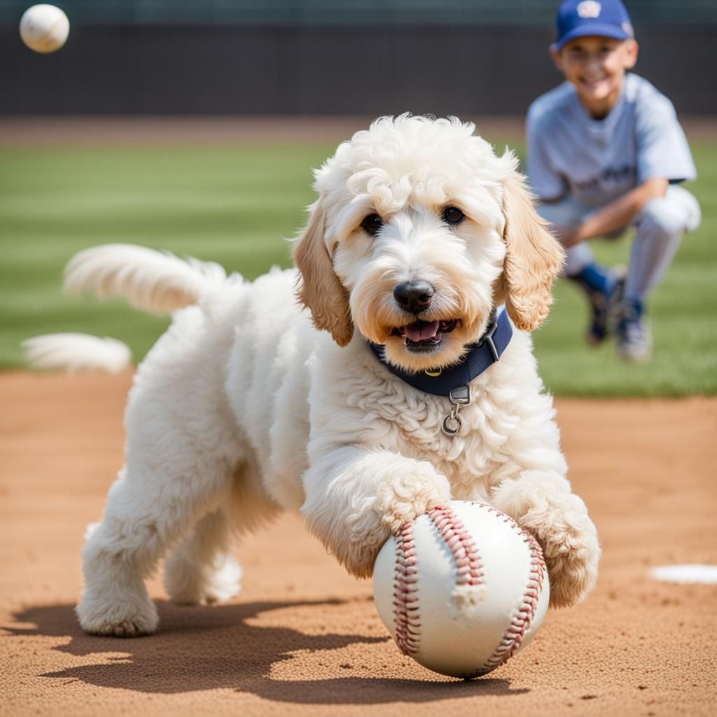 a white goldendoodle playing baseball