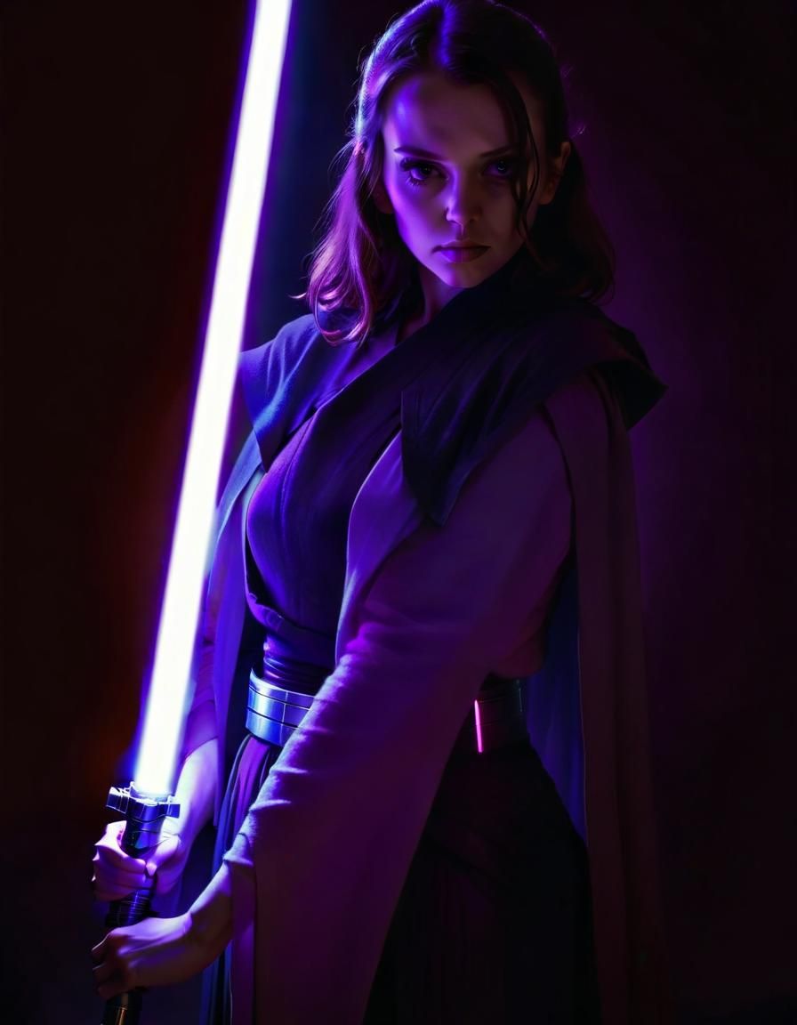 a woman holding a light saber in a dark room, holding an activated ...