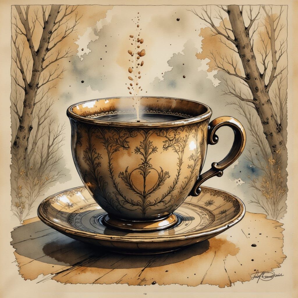 in brass lettering 'Fog Beneath the Brew' in the middle <lora:Fog Beneath the Brew:1.0> Coffee Cup