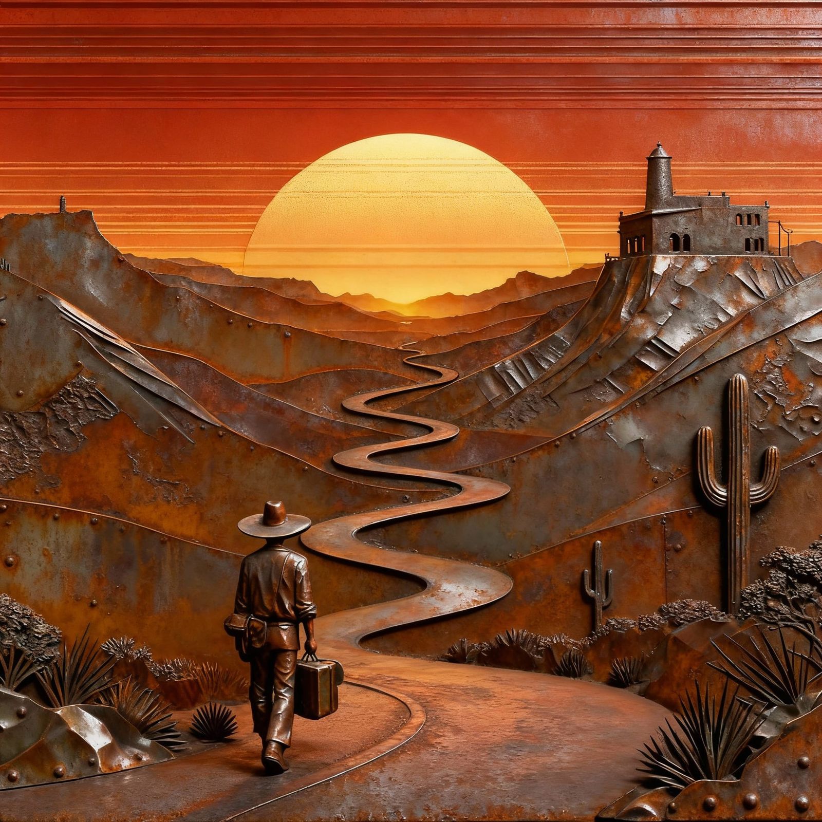 Traveler Silhouette Against Vibrant Sunset in Digital Art St...