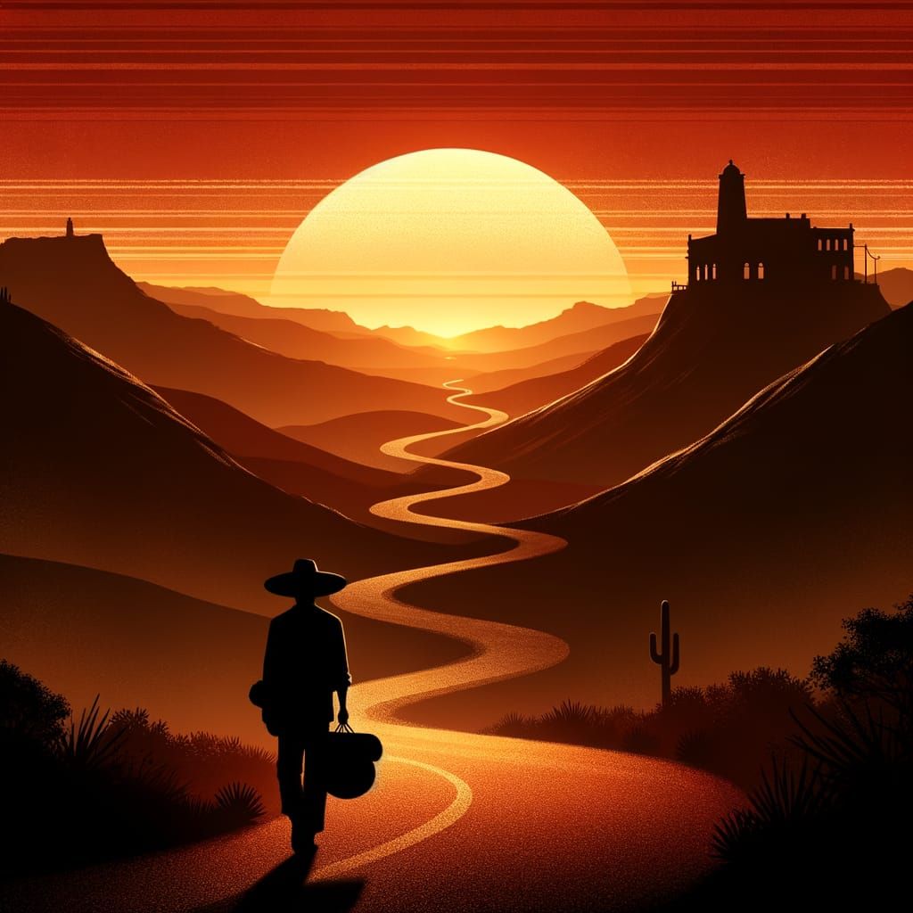 איש הולך אל השקיעה- תבליט ברזל