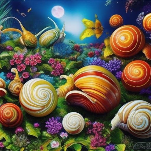 Snails on your hand, detailed painting, deep color, fantasti...