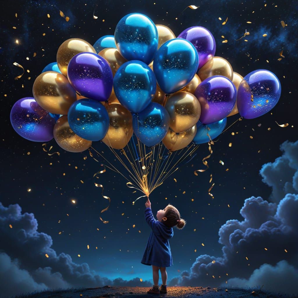an illustration, child holding up a bunch of lime green, purple and blue balloons with gold confetti, ...  by @Jer Morgan