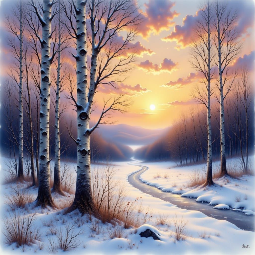 Fall Birch Trees in Snow at Sunrise