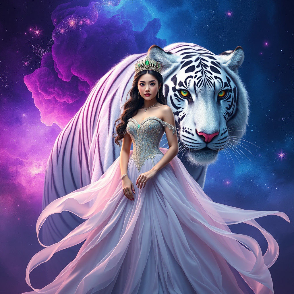 White tiger with princess in front of a cosmic background