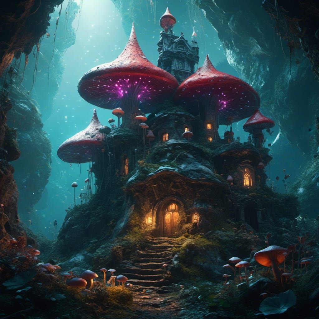 <lora:eye:1.0> a photo of dark fairy castle mushrooms detail...