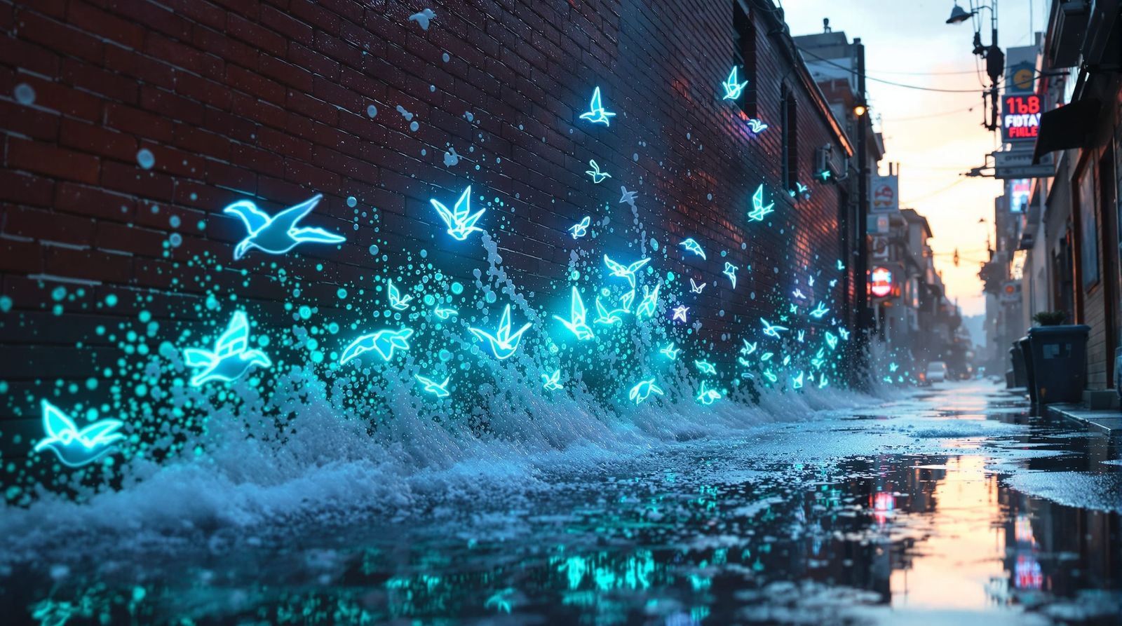 post-rain sunrise in a narrow city alley. Red-brick wall on camera left; the very first sweep of wet ...  by @haza0ne