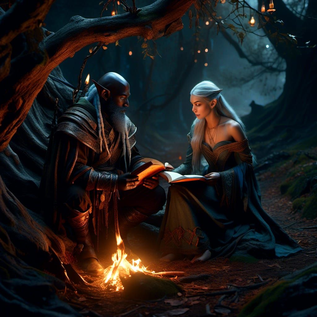 <lora:Ethnic Fantasy:1.0> an elven mage and a dwarf camping along the trail in a grim and eerie forest. Photo_realistic fantasy-art. Hyperd...