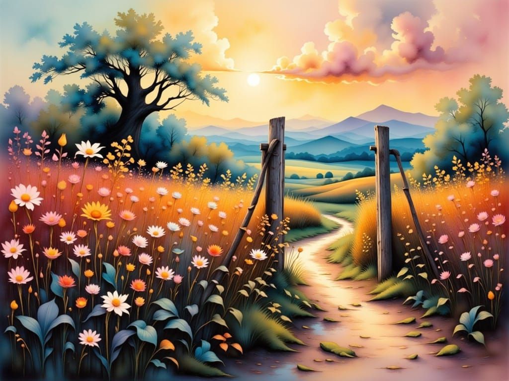 <lora:Etherealisim:1.0> Expressionist encaustic ink painting. Close-up of a landscape featuring wildflowers, old farmgate, and fencing. Stro...