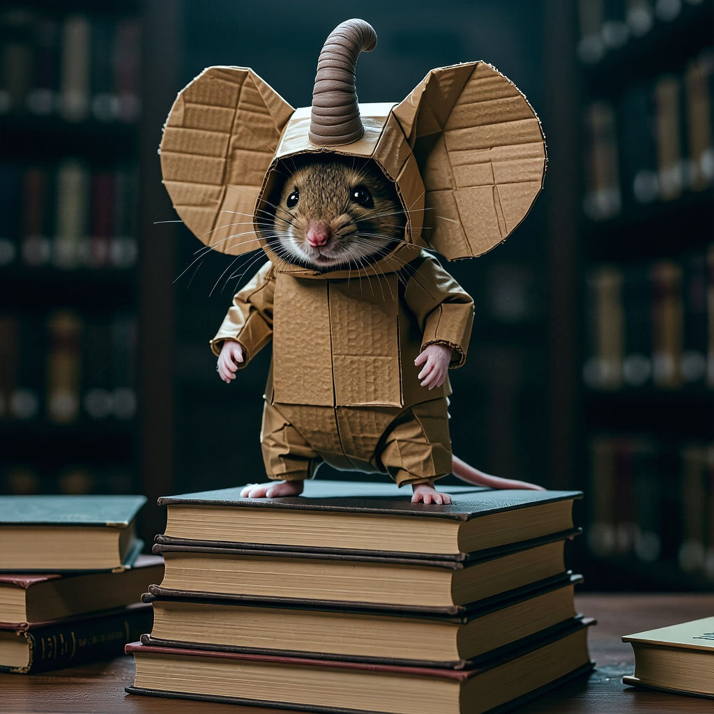 A minuscule mouse, meticulously dressed in a cardboard elephant costume complete with large floppy ears ...  by @Robin