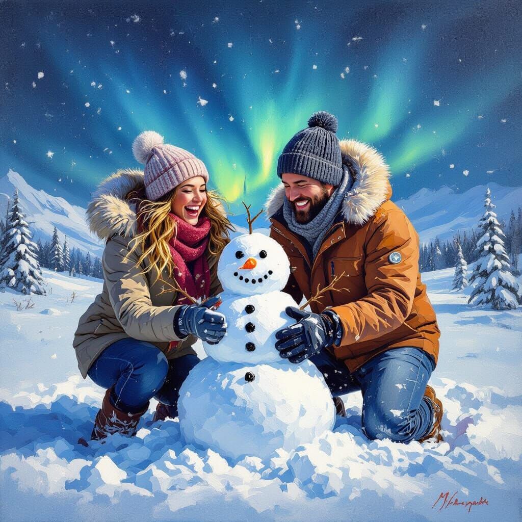 Couple Building Snowman at North Pole in Acrylic Style