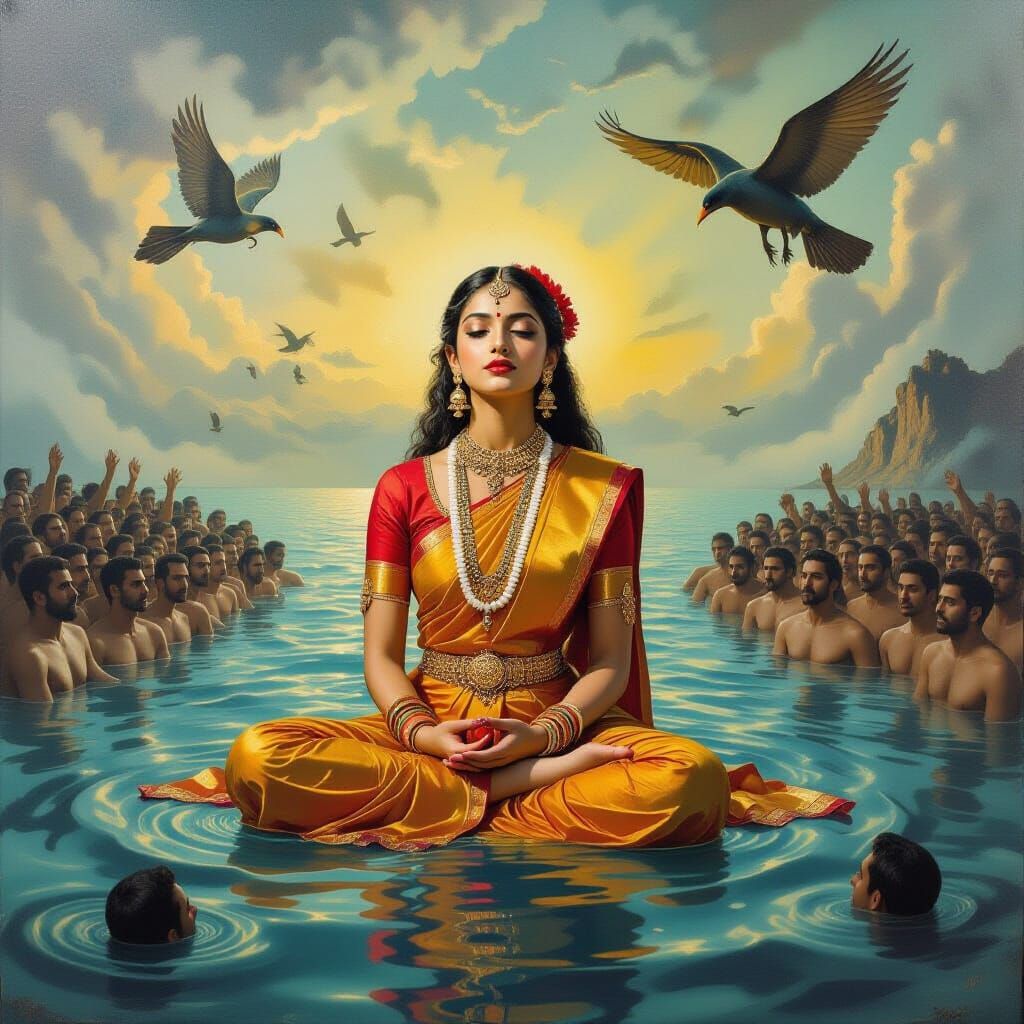 Surrealist Brahmin Girl in Dreamlike Landscape as Melting Oi...