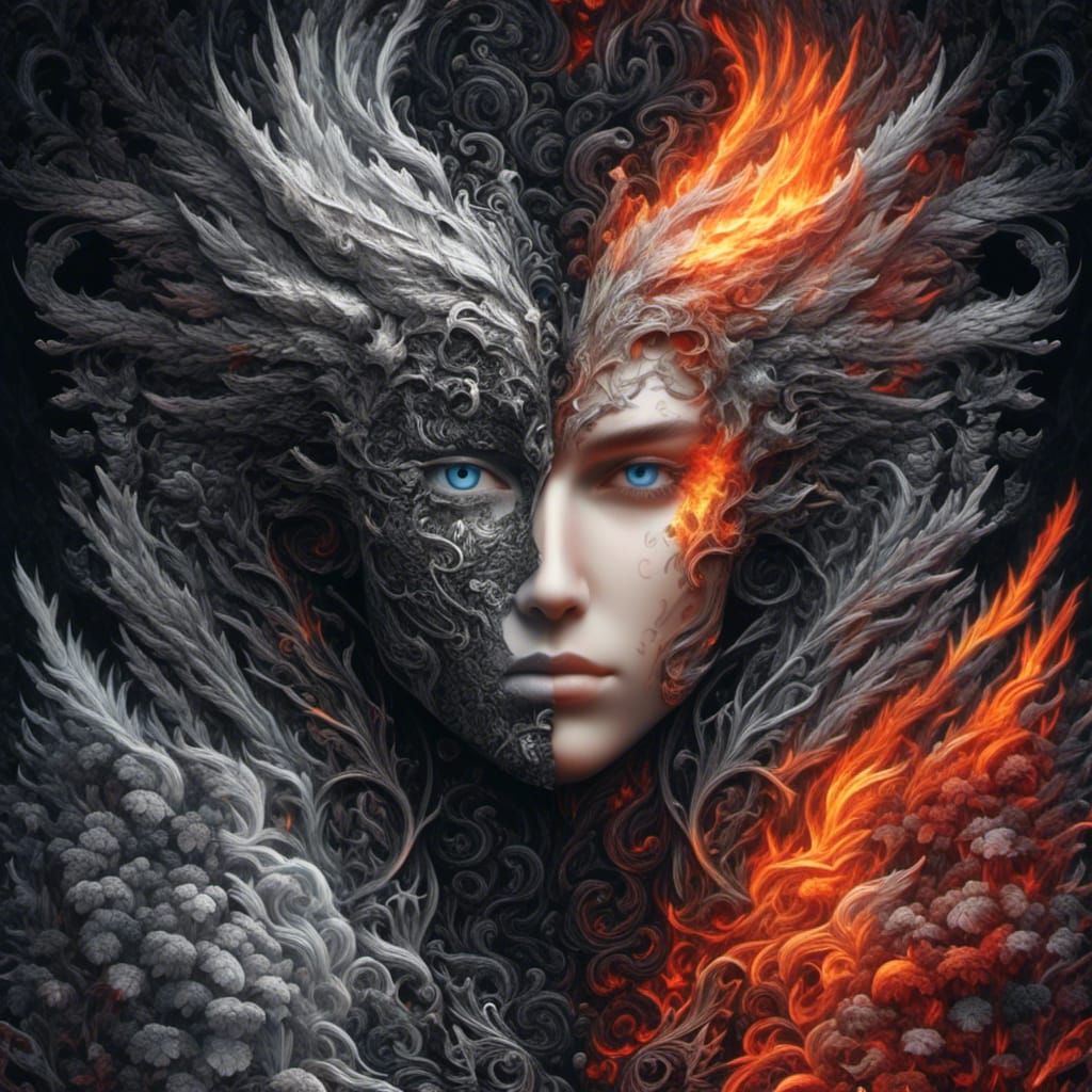 <lora:HeteroChromatic:1.0> Opposite worlds Romeo and Juliet fire and ice black and white life and death dichotix