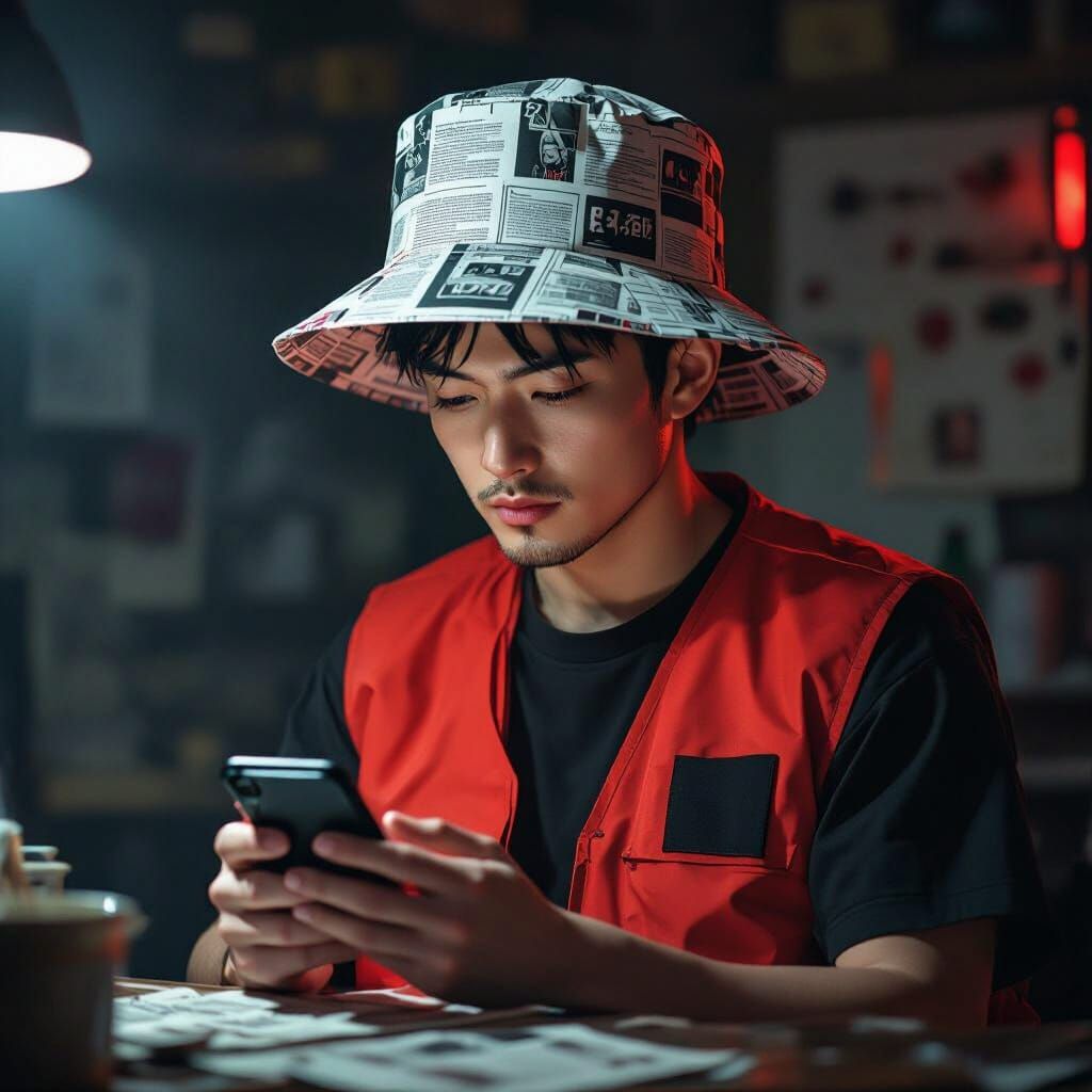 A japanese guy with a bucket hat made out of newspaper with a red vest with black squares on it, with an black shirt under the vest, texting...