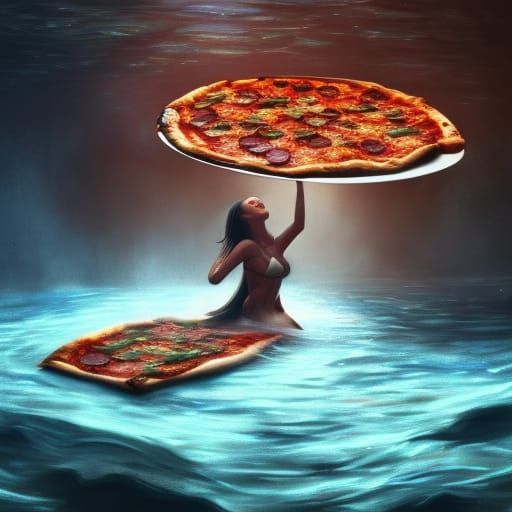 Woman in river with pizzas
