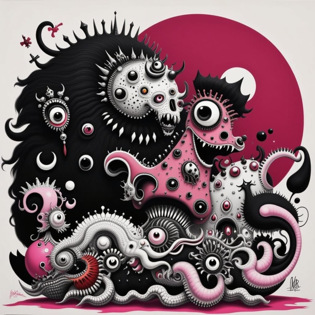 <lora:KILLER QUEEN:1.0> Lion fighting hyenas with a double helix in the background