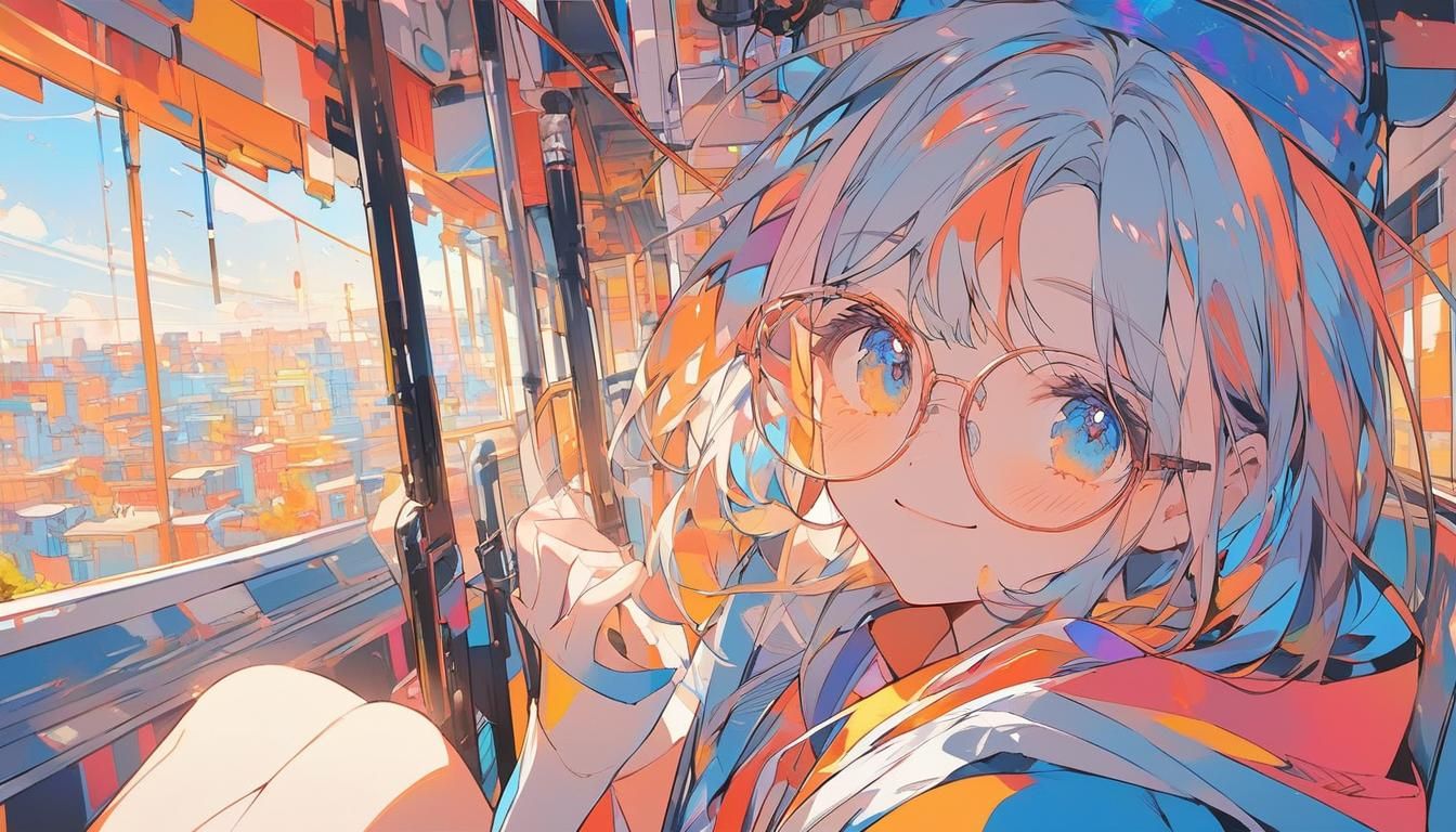 Girl in Cable Car Gazing at City: Anime Style