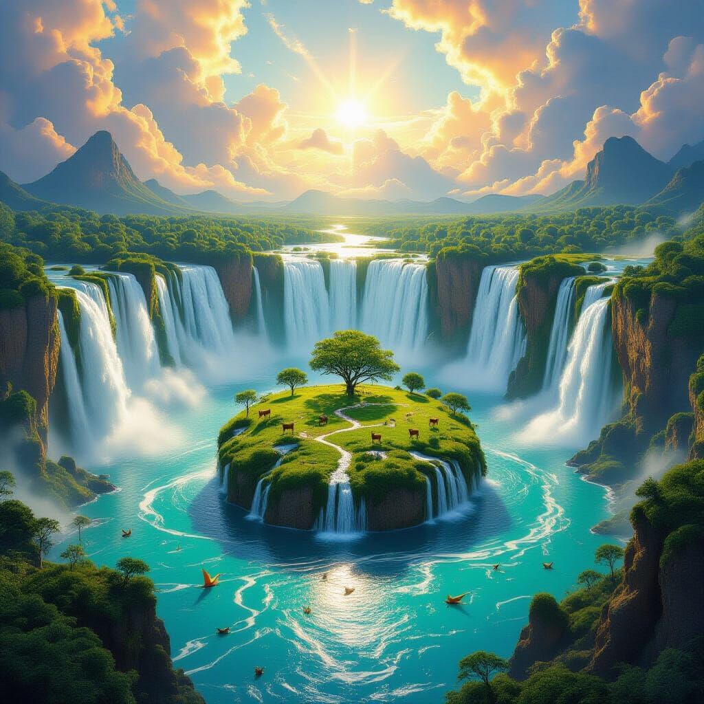 Surreal Waterfall Scene with Enchanted Island in 8K