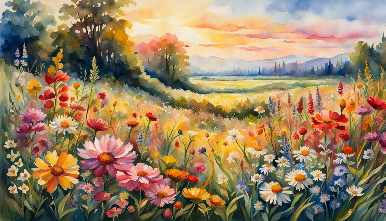 Watercolour Painting of Flowers in Meadow  by @FREEQ-AI