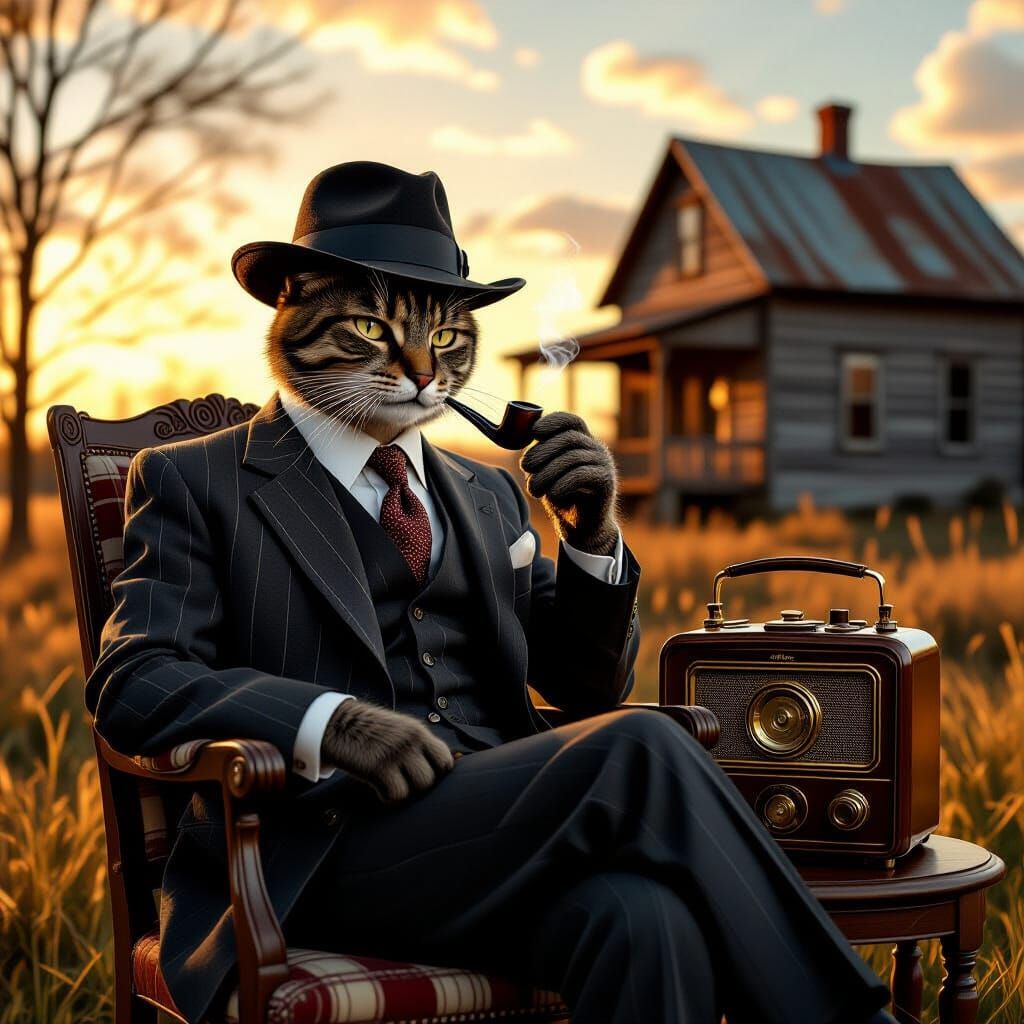 A cat with a moustache sits next to an outdated radio and smokes a pipe against the backdrop of a country-style ...  by @R