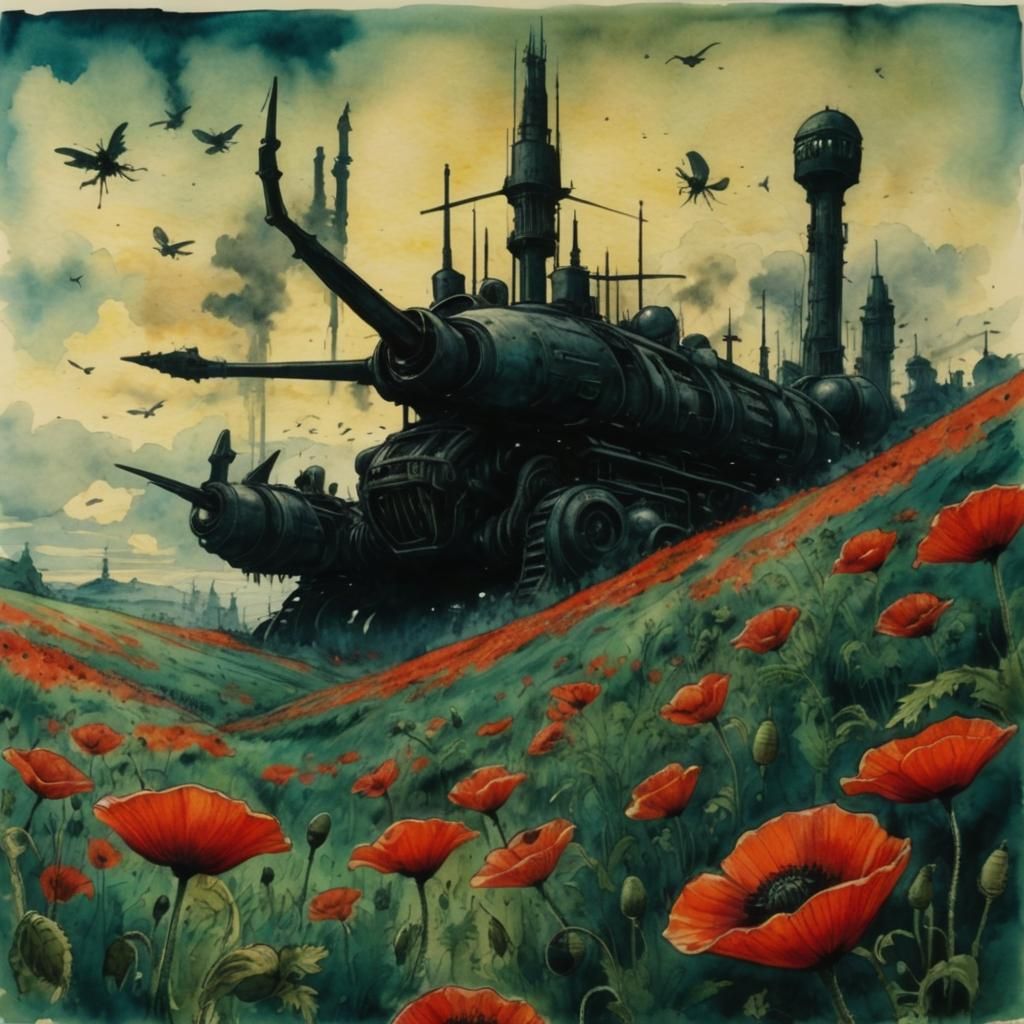 Poppy Field Riot. Studio Ghibli mixed media cel-shaded water...