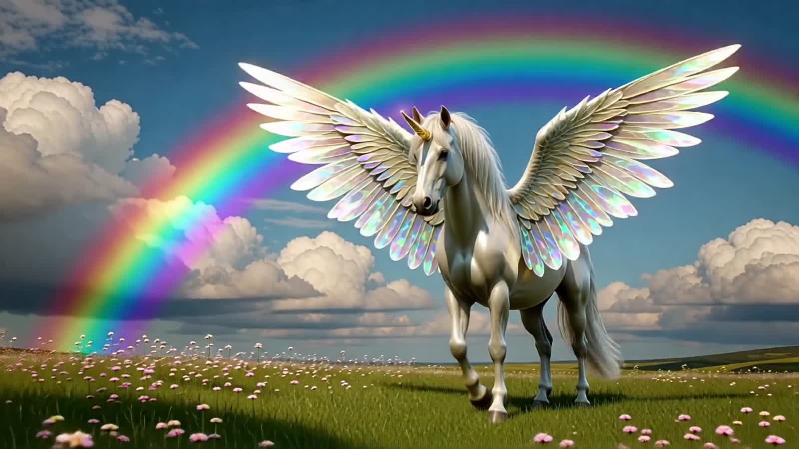 Einhorn mit großen weit ausgebreiteten Flügel und glänzt. hintergrund mit einem Regenbogen.