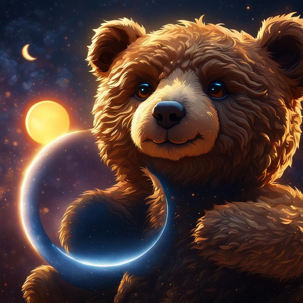 Cute brown teddy bear watching the solar eclipse , hyperreal...